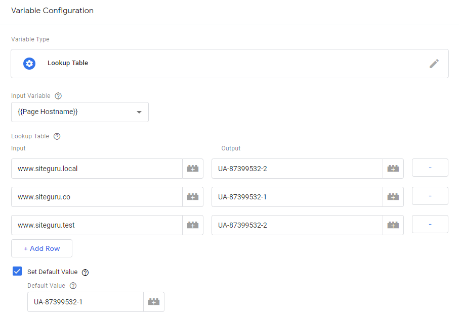 Lookup table with local, testing and live hostnames in Tag Manager