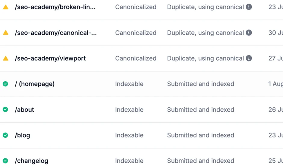 Indexation report: the indexing status of every page