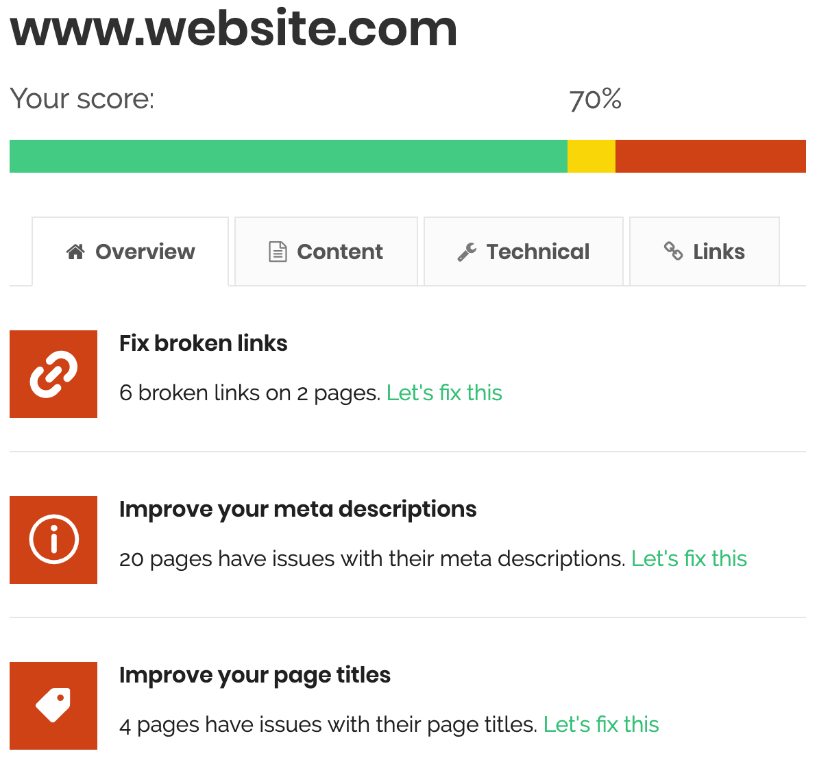 Screenshot of SEO report