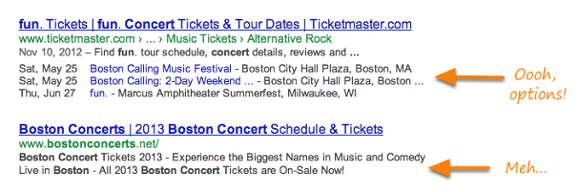 Event dates and ticket info in search results