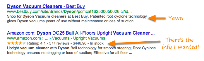 Comparison of product result with and without structured data